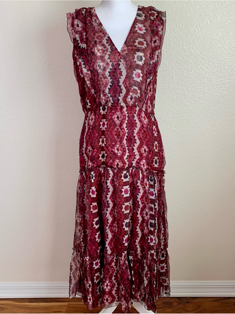 Altuzarra 100% Silk Dress Geometric Aztec Side Slit Tiered Chiffon Rushed V Neck